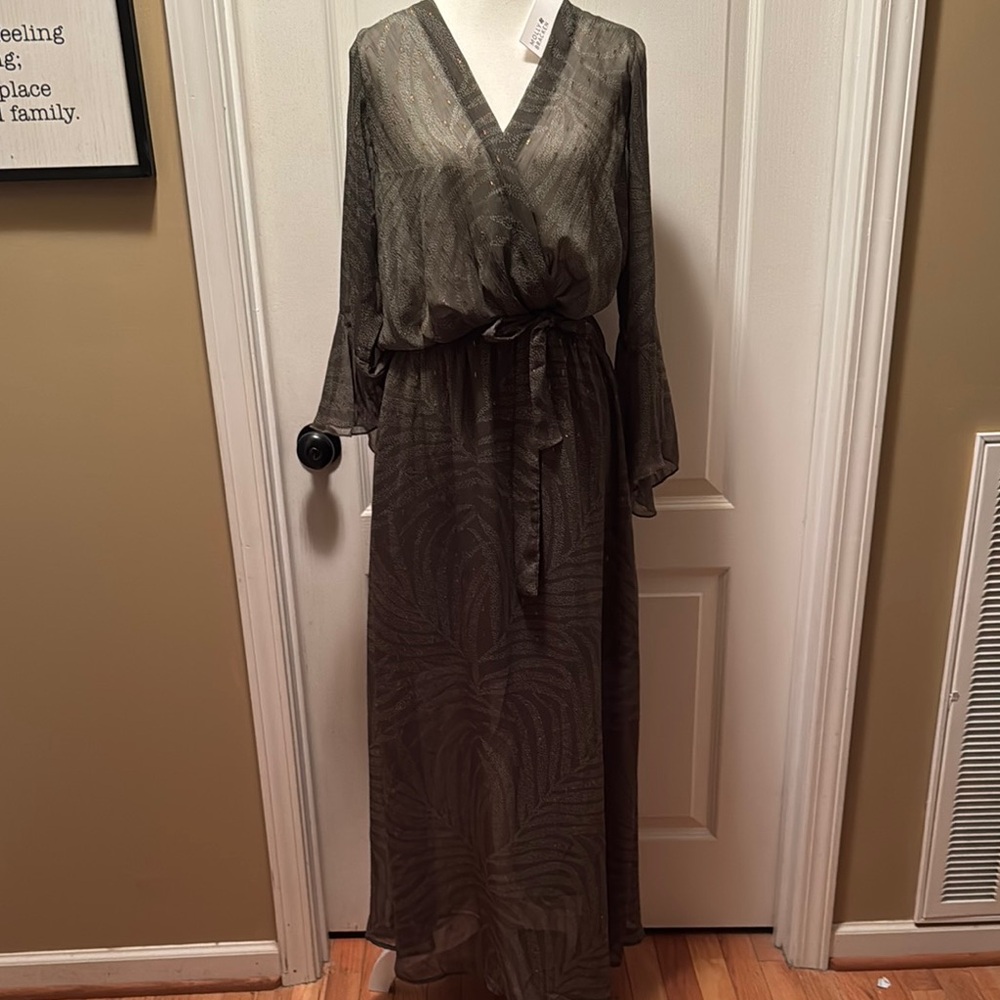 Molly Bracken Olive and Copper Wrap Dress with Bishop Sleeves